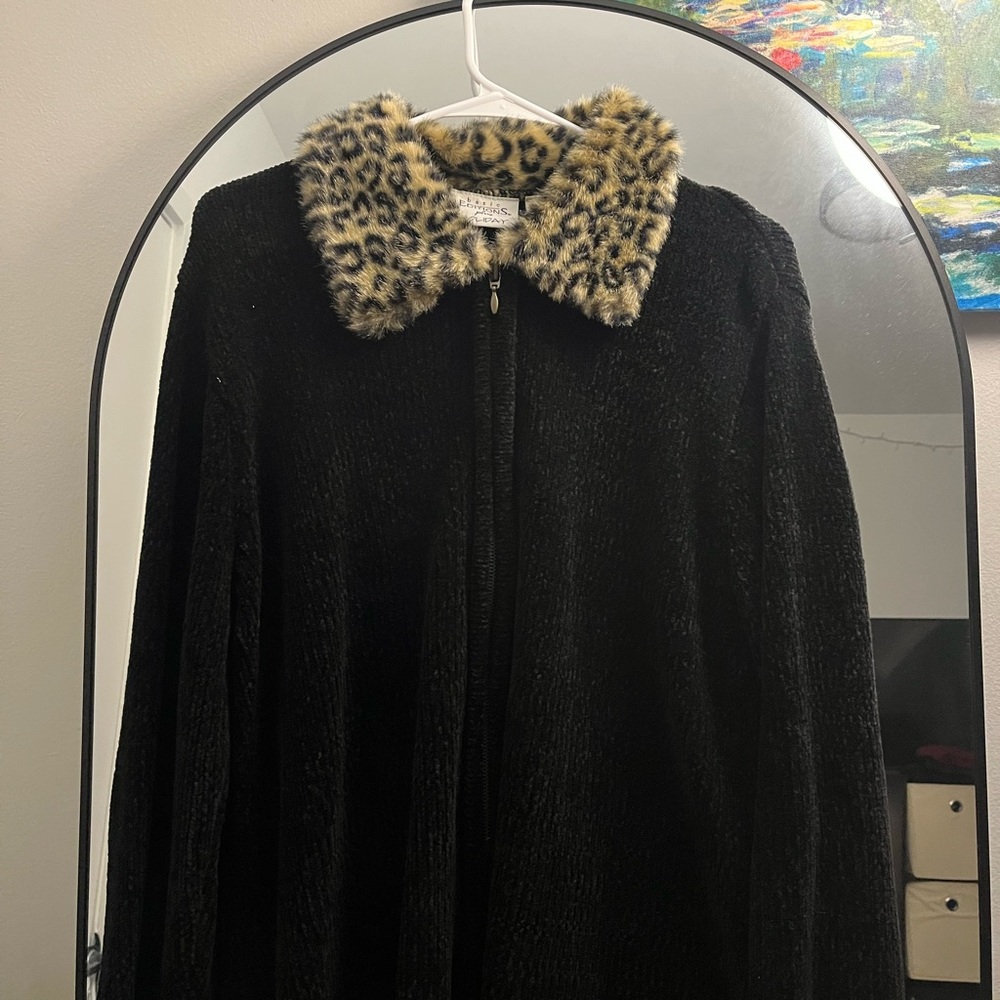 Basic Editions Black Teddy Jacket with Leopard Print Collar
